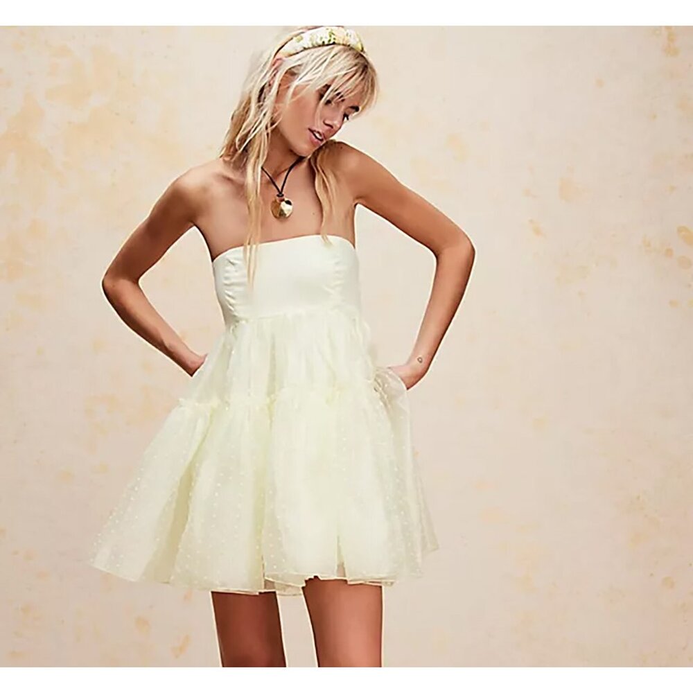NWT! Free People Theo Lemon Yellow Puff Princess Tulle Tiered Mini Bow Dress M